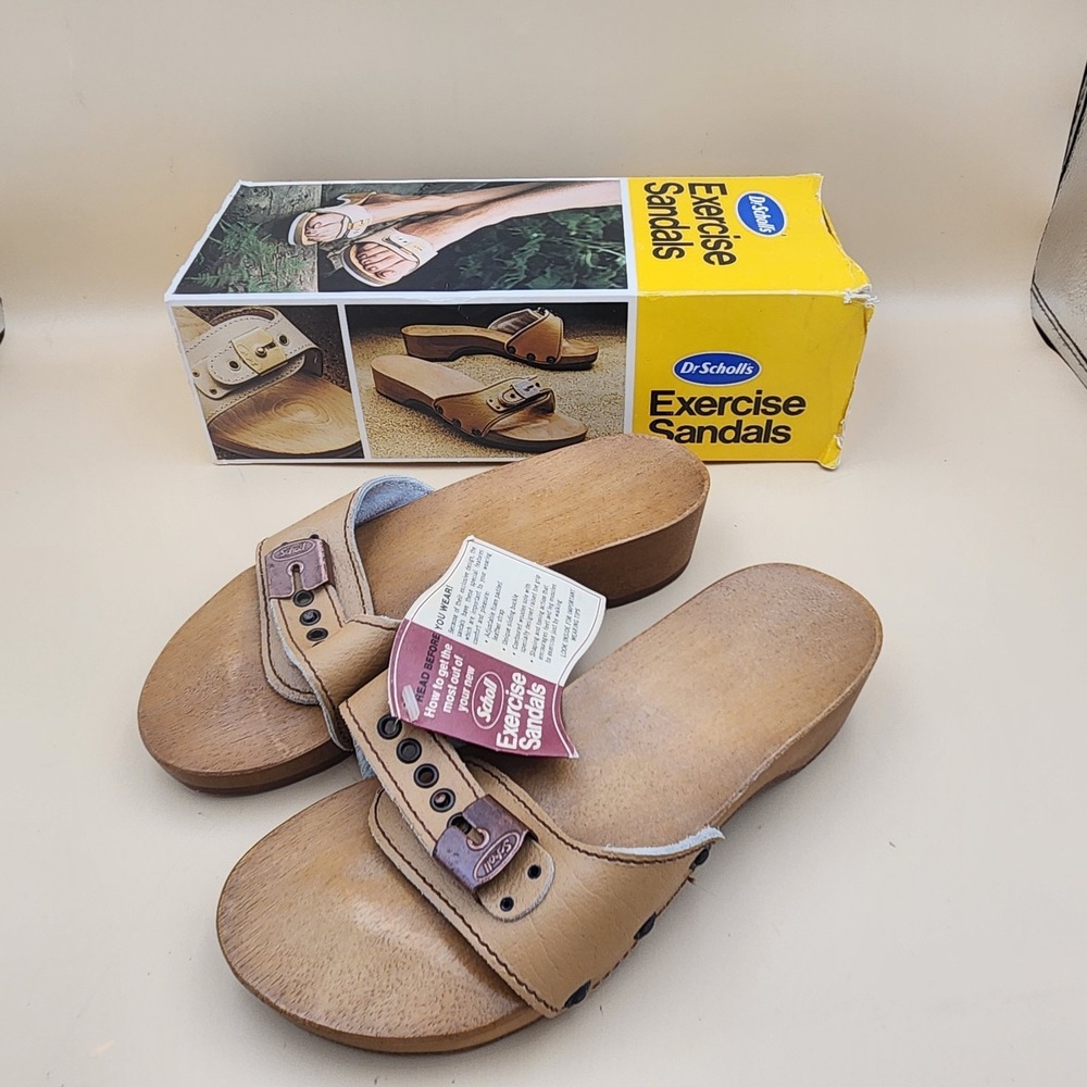 Dr Scholls Vintage 1980 Wooden Exercise Sandals Natural Wheat Austria Size 5 NEW